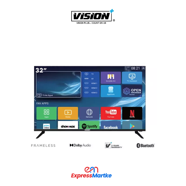 VISION PLUS 32" inch BLUETOOTH,Frameless Smart &Digital Android 11,BLUETOOTH,GOOGLE PLAY/HDMI/USB,NETFLIX,YOUTUBE Inbuilt decoder DVBT2/S2 Screen Share +FREE TV GUARD+WALL BRACKET
